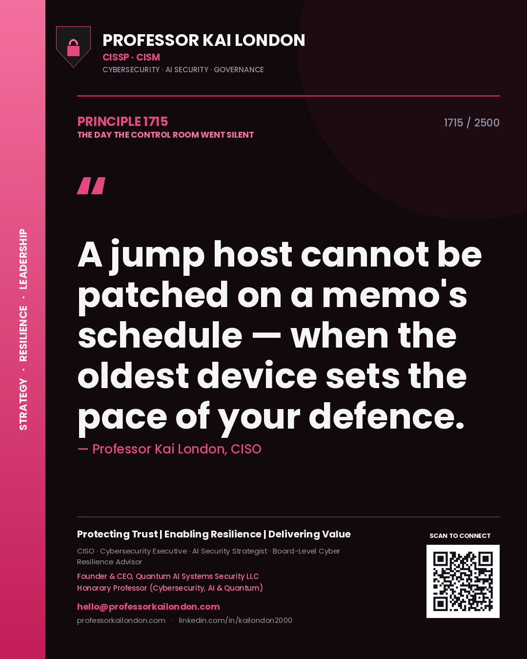 Quote card by Professor Kai London reading 'A jump host cannot be patched on a memo's schedule — when the oldest device sets the pace of your defence.'. From the book The Day the Control Room Went Silent.