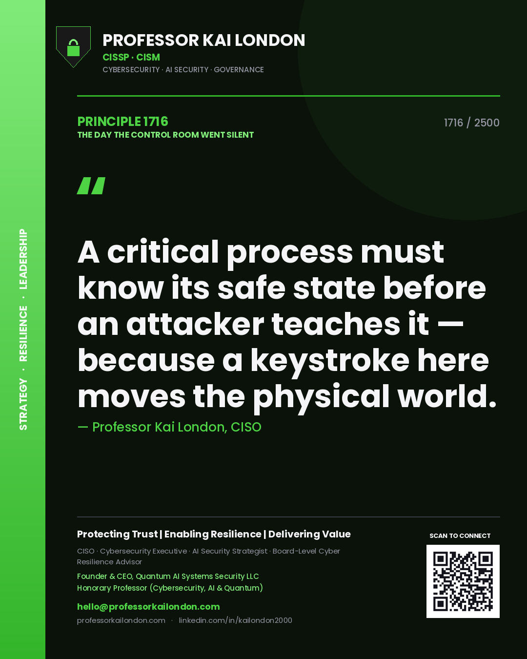 Quote card by Professor Kai London reading 'A critical process must know its safe state before an attacker teaches it — because a keystroke here moves the physical world.'. From the book The Day the Control Room Went Silent.