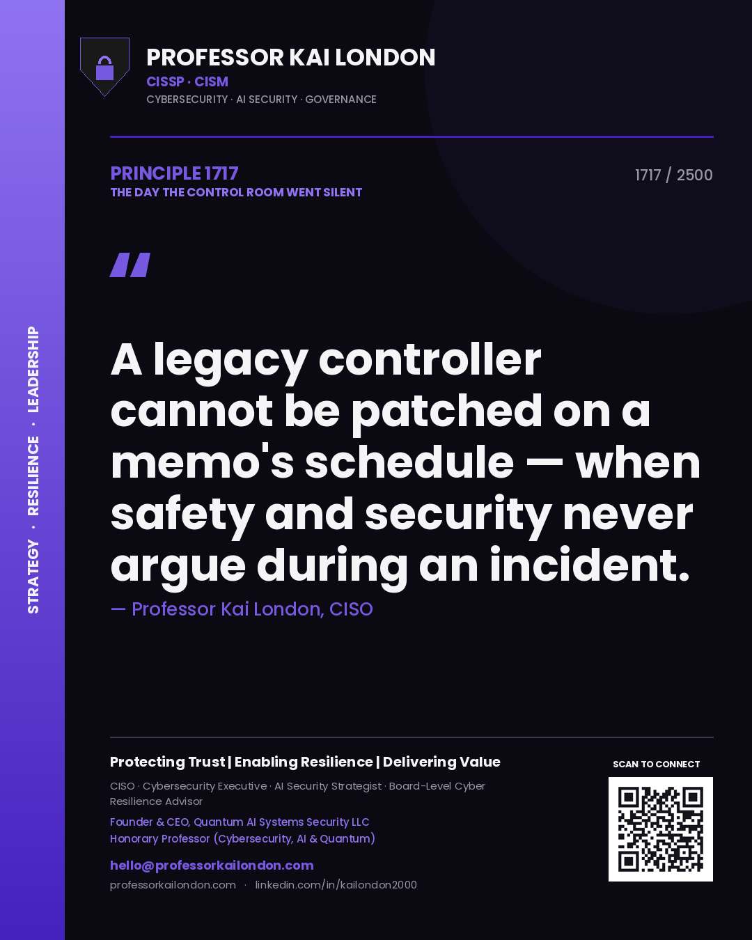 Quote card by Professor Kai London reading 'A legacy controller cannot be patched on a memo's schedule — when safety and security never argue during an incident.'. From the book The Day the Control Room Went Silent.