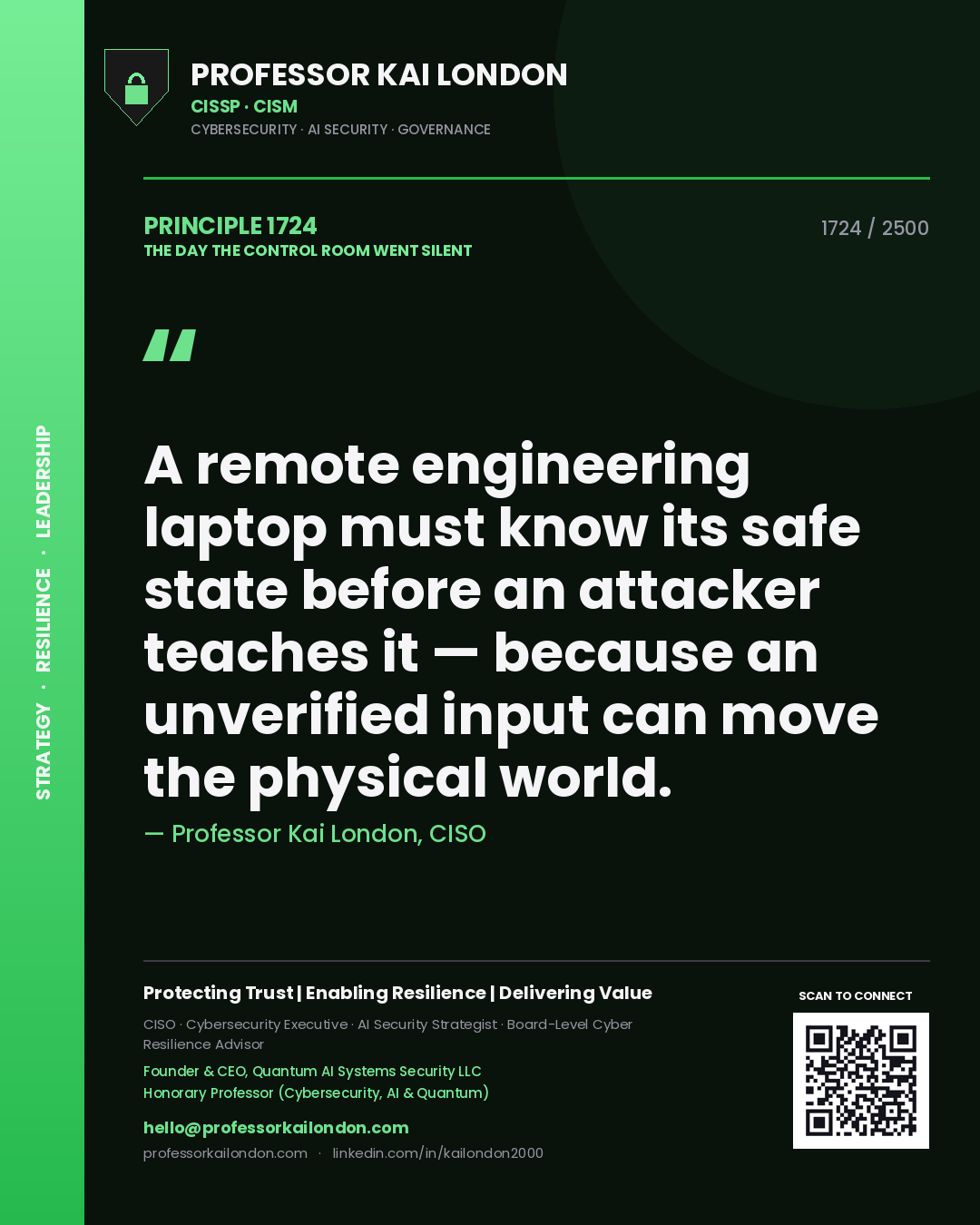 Quote card by Professor Kai London reading 'A remote engineering laptop must know its safe state before an attacker teaches it — because an unverified input can move the physical world.'. From the book The Day the Control Room Went Silent.