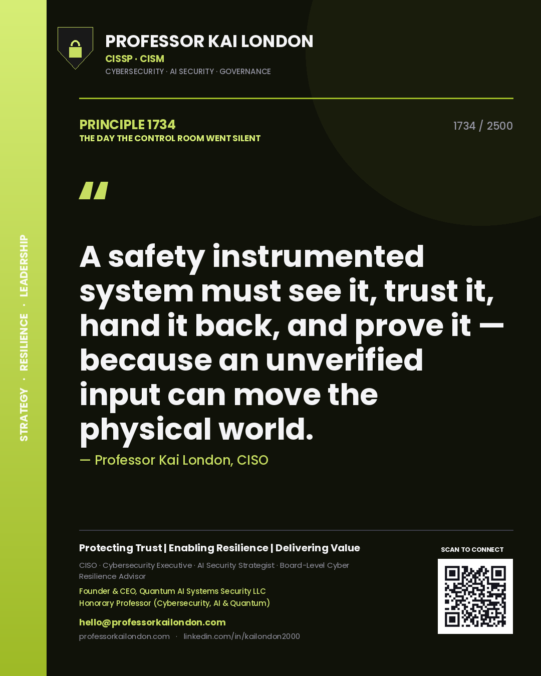 Quote card by Professor Kai London reading 'A safety instrumented system must see it, trust it, hand it back, and prove it — because an unverified input can move the physical world.'. From the book The Day the Control Room Went Silent.