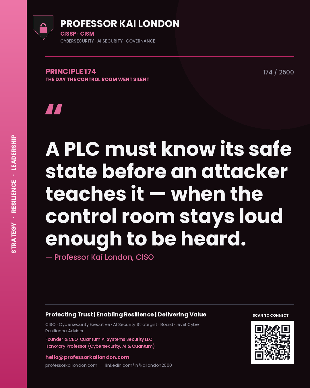 Professor Kai London principle 174: A PLC must know its safe state before an attacker teaches it — when the control room stays loud enough to be heard.