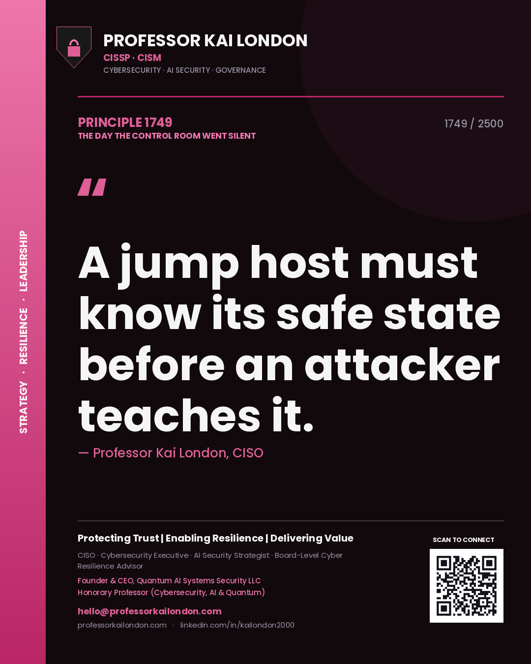 Quote card by Professor Kai London reading 'A jump host must know its safe state before an attacker teaches it.'. From the book The Day the Control Room Went Silent.