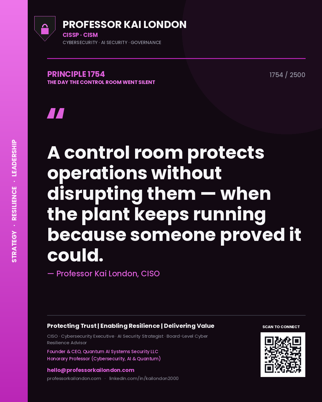 Quote card by Professor Kai London reading 'A control room protects operations without disrupting them — when the plant keeps running because someone proved it could.'. From the book The Day the Control Room Went Silent.