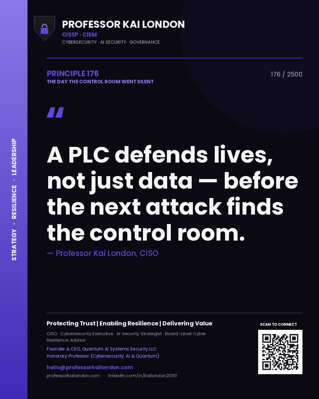 Quote card by Professor Kai London reading 'A PLC defends lives, not just data — before the next attack finds the control room.'. From the book The Day the Control Room Went Silent.