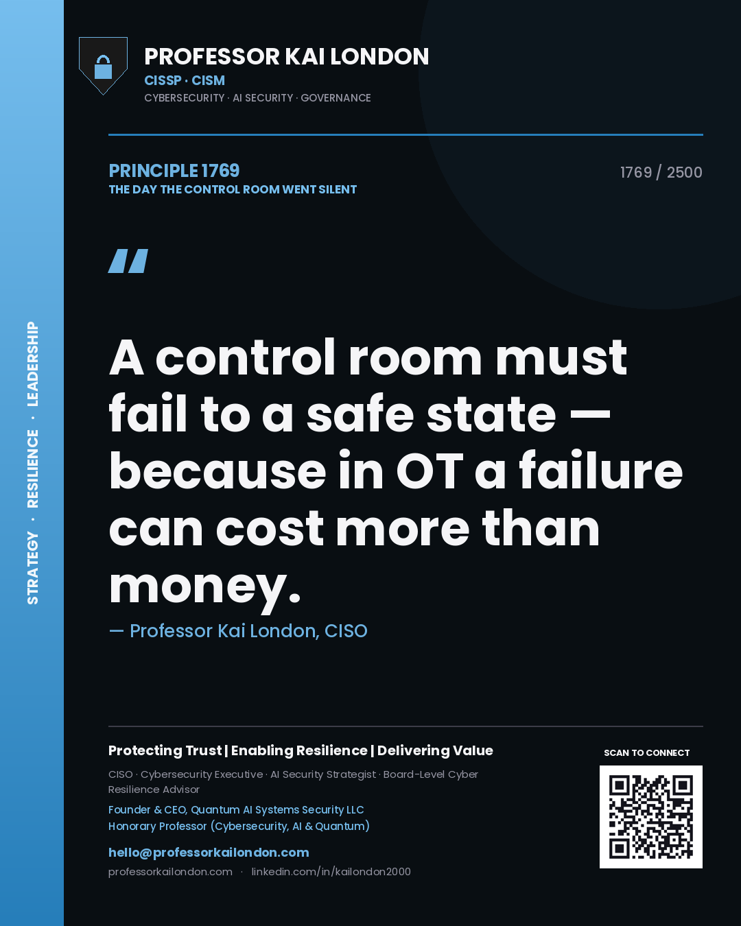 Quote card by Professor Kai London reading 'A control room must fail to a safe state — because in OT a failure can cost more than money.'. From the book The Day the Control Room Went Silent.