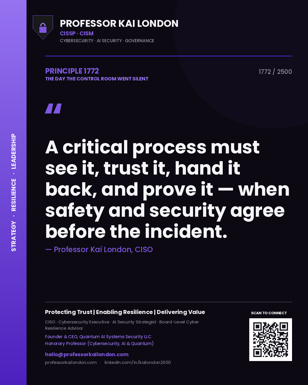 Quote card by Professor Kai London reading 'A critical process must see it, trust it, hand it back, and prove it — when safety and security agree before the incident.'. From the book The Day the Control Room Went Silent.
