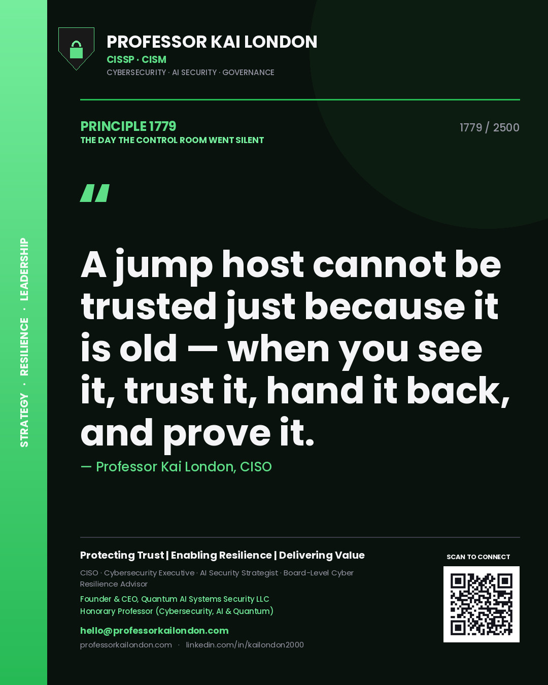 Quote card by Professor Kai London reading 'A jump host cannot be trusted just because it is old — when you see it, trust it, hand it back, and prove it.'. From the book The Day the Control Room Went Silent.