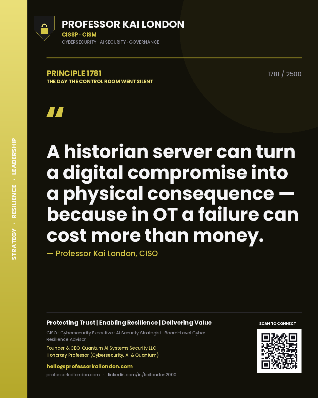 Professor Kai London principle 1781: A historian server can turn a digital compromise into a physical consequence — because in OT a failure can cost more than money.