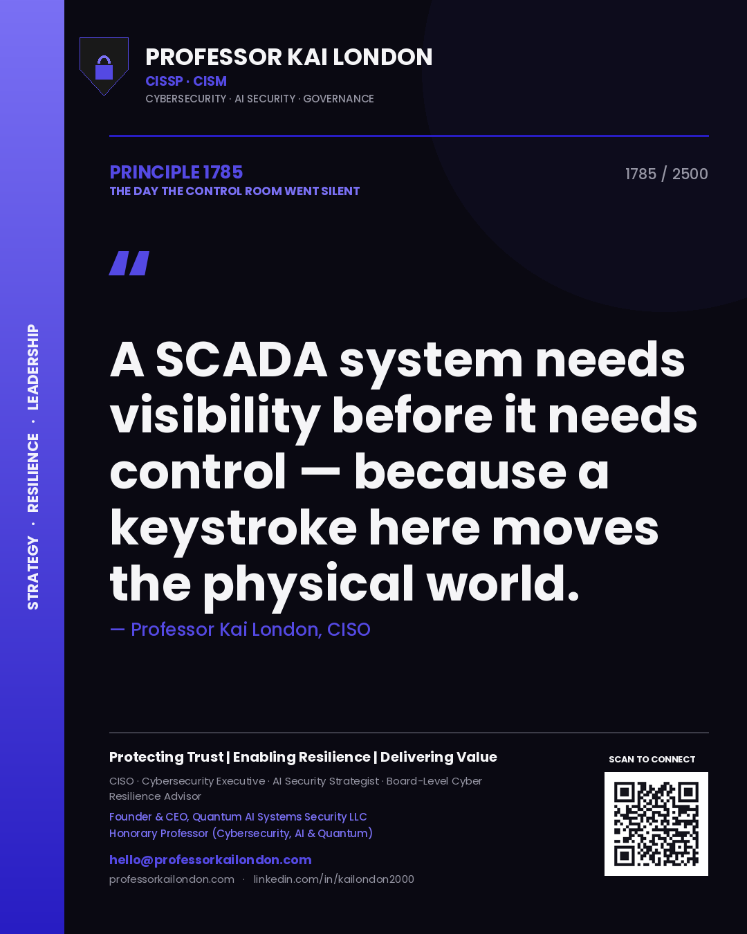 Quote card by Professor Kai London reading 'A SCADA system needs visibility before it needs control — because a keystroke here moves the physical world.'. From the book The Day the Control Room Went Silent.