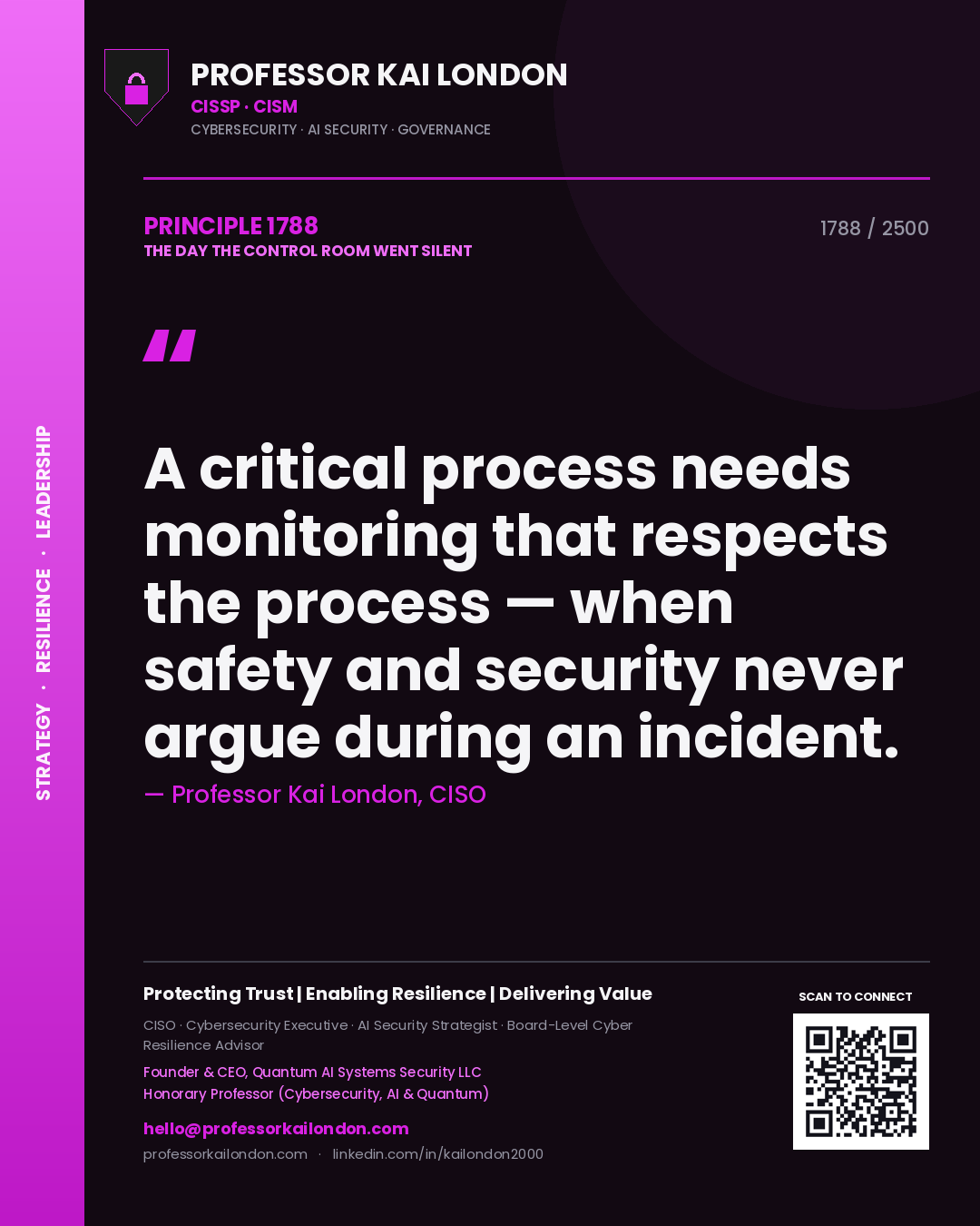 Quote card by Professor Kai London reading 'A critical process needs monitoring that respects the process — when safety and security never argue during an incident.'. From the book The Day the Control Room Went Silent.