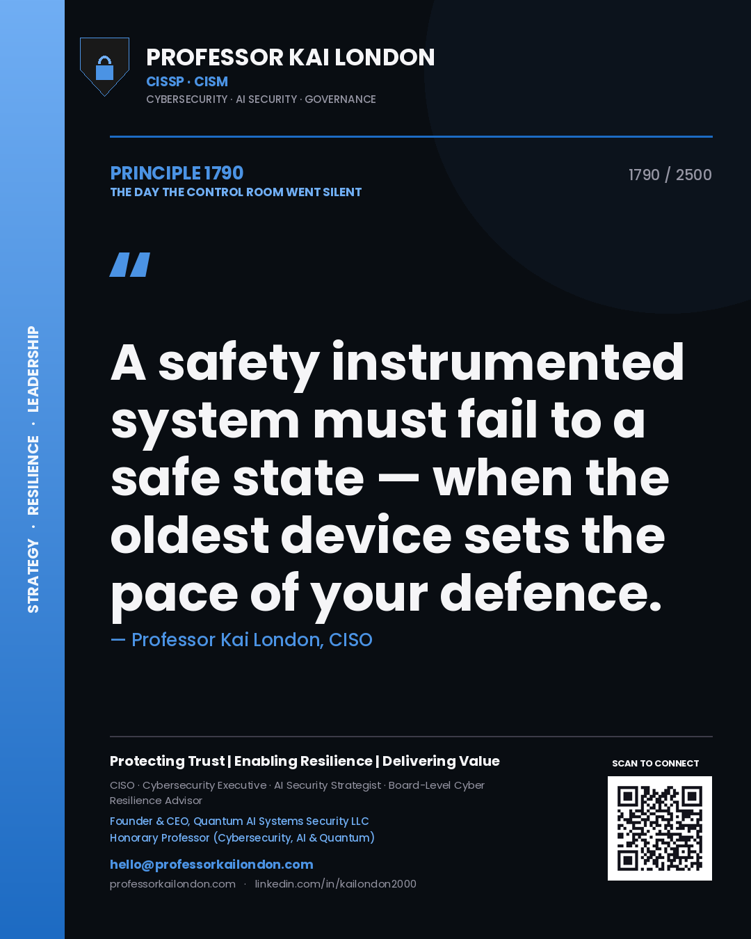 Quote card by Professor Kai London reading 'A safety instrumented system must fail to a safe state — when the oldest device sets the pace of your defence.'. From the book The Day the Control Room Went Silent.