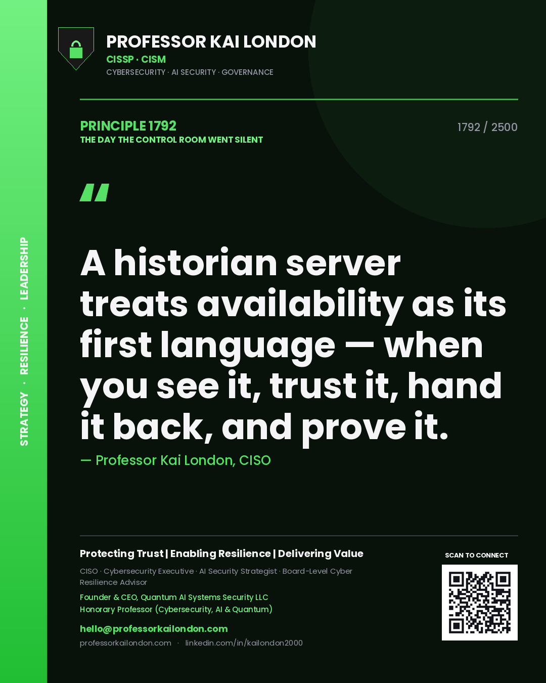 Professor Kai London principle 1792: A historian server treats availability as its first language — when you see it, trust it, hand it back, and prove it.