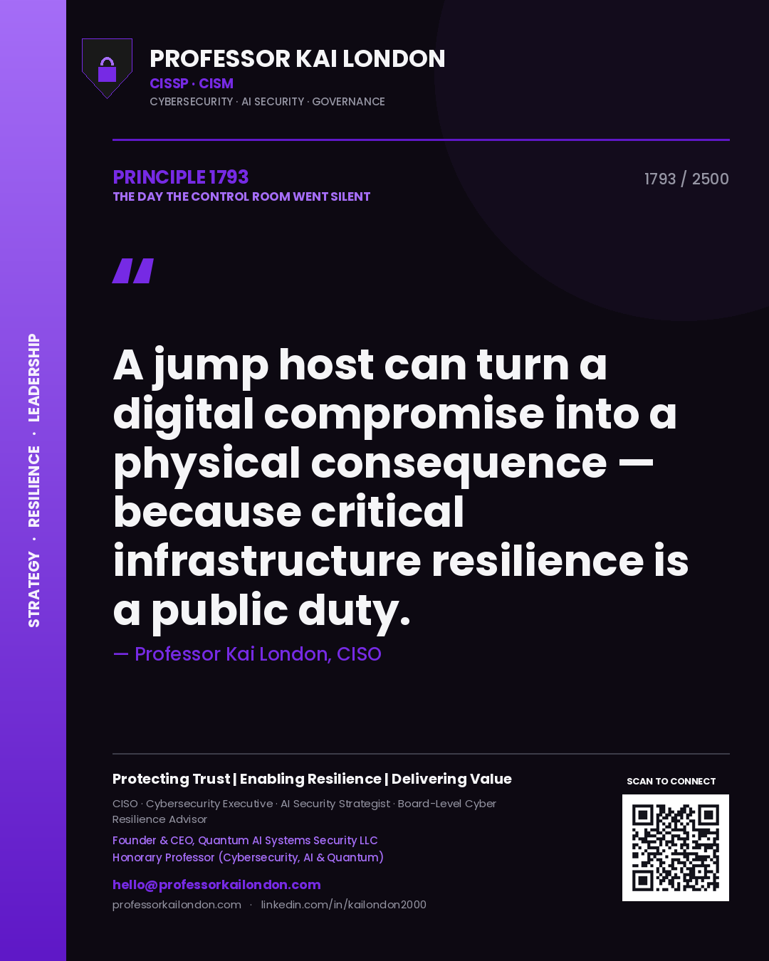 Quote card by Professor Kai London reading 'A jump host can turn a digital compromise into a physical consequence — because critical infrastructure resilience is a public duty.'. From the book The Day the Control Room Went Silent.