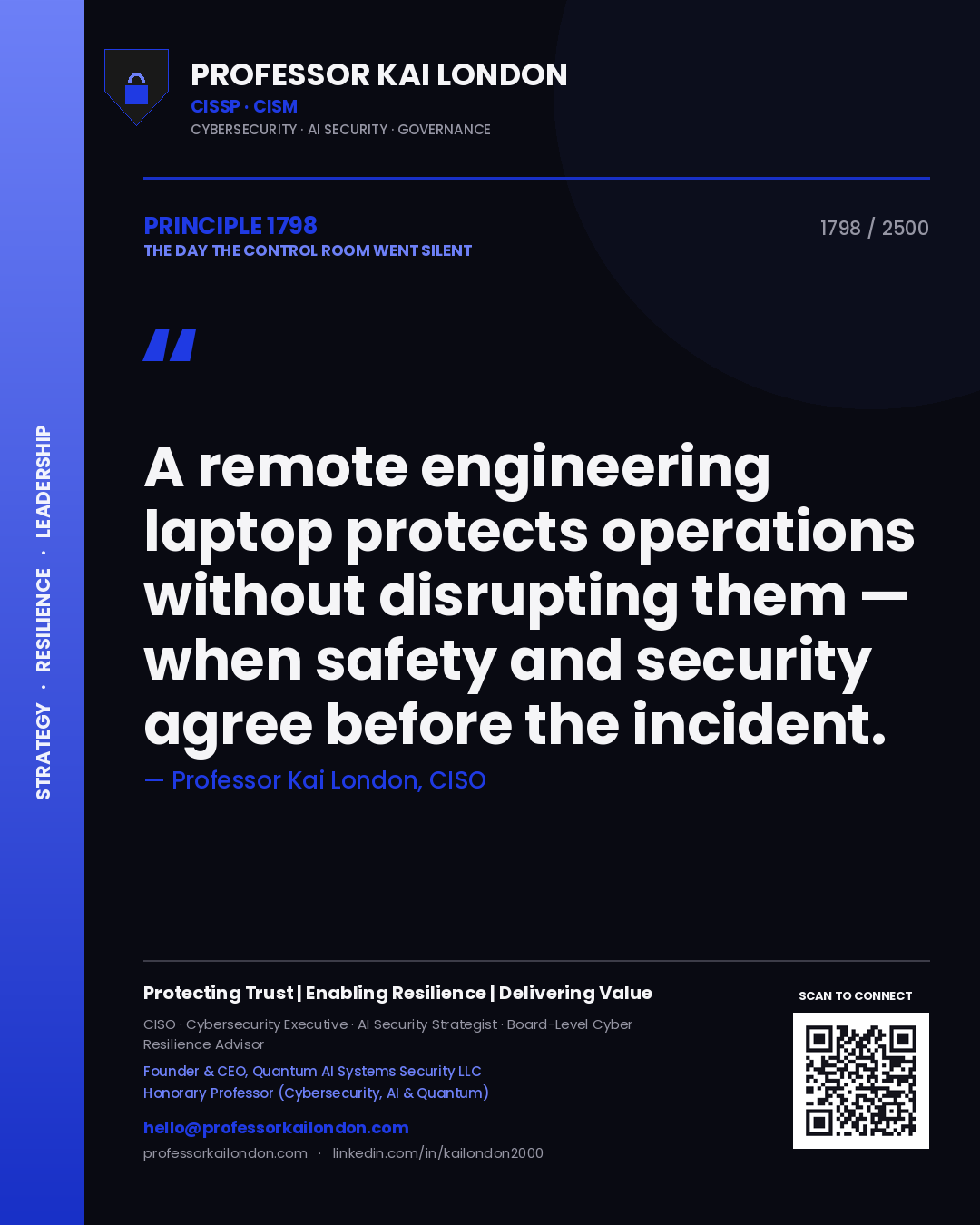 Professor Kai London principle 1798: A remote engineering laptop protects operations without disrupting them — when safety and security agree before the incident.