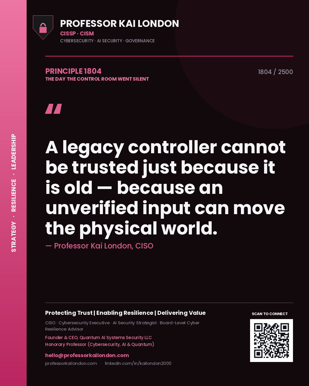 Quote card by Professor Kai London reading 'A legacy controller cannot be trusted just because it is old — because an unverified input can move the physical world.'. From the book The Day the Control Room Went Silent.