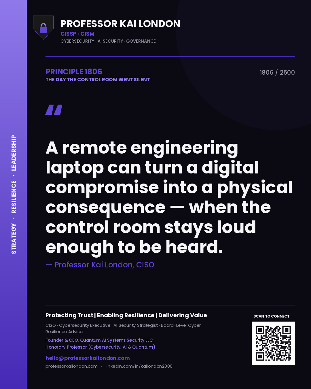 Quote card by Professor Kai London reading 'A remote engineering laptop can turn a digital compromise into a physical consequence — when the control room stays loud enough to be heard.'. From the book The Day the Control Room Went Silent.