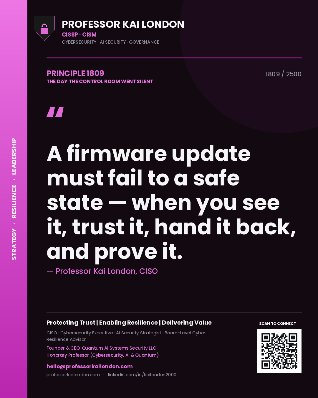 Quote card by Professor Kai London reading 'A firmware update must fail to a safe state — when you see it, trust it, hand it back, and prove it.'. From the book The Day the Control Room Went Silent.