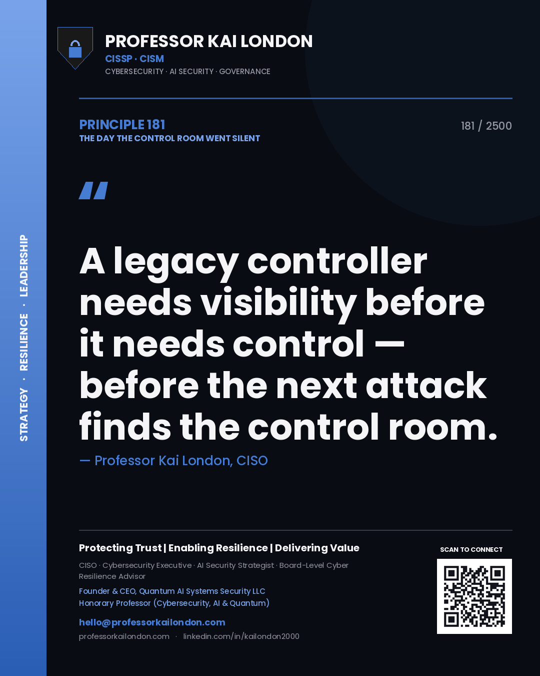 Professor Kai London principle 181: A legacy controller needs visibility before it needs control — before the next attack finds the control room.