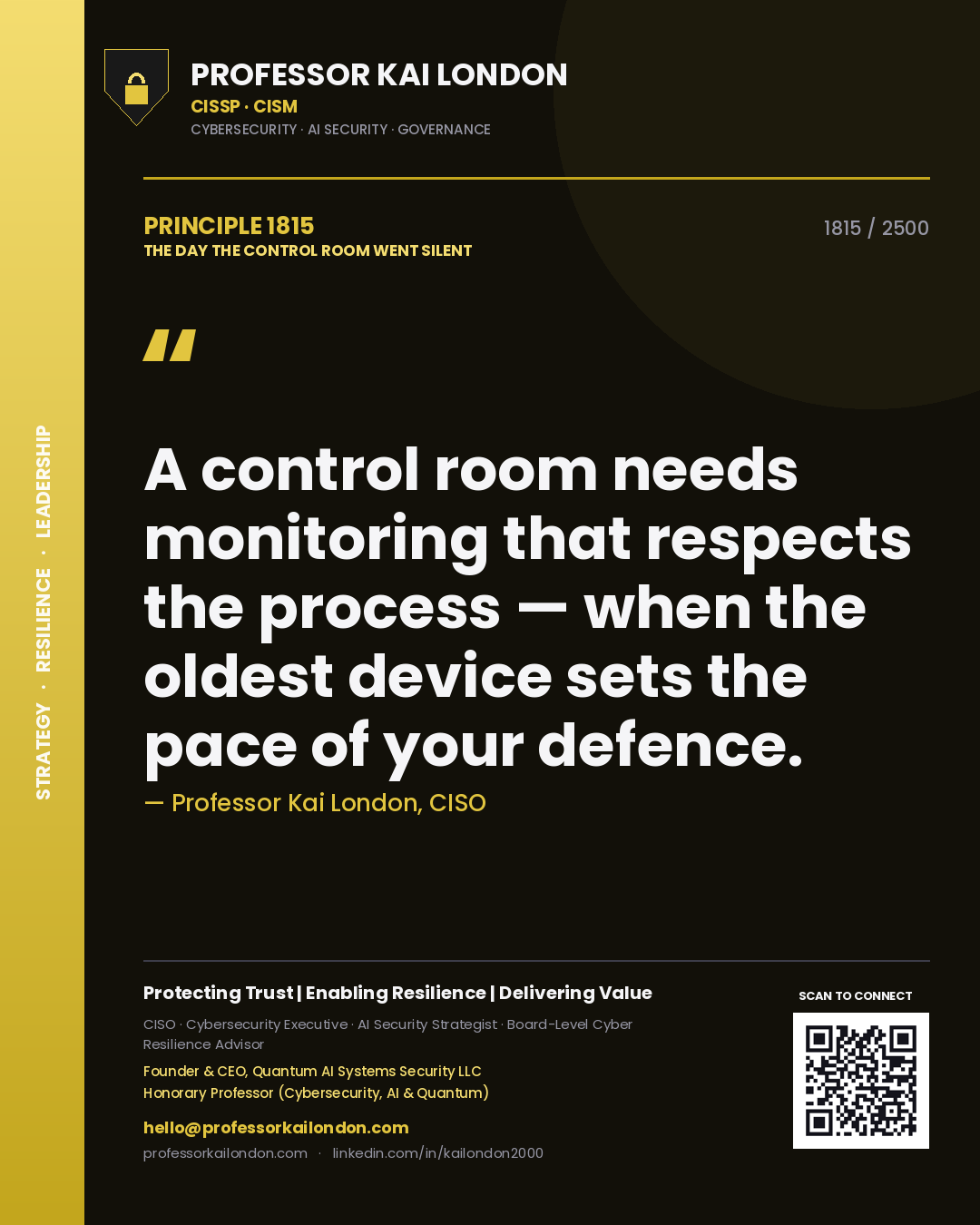 Quote card by Professor Kai London reading 'A control room needs monitoring that respects the process — when the oldest device sets the pace of your defence.'. From the book The Day the Control Room Went Silent.