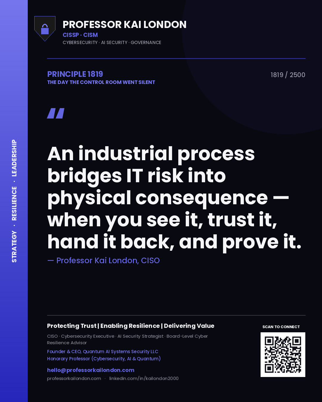 Quote card by Professor Kai London reading 'An industrial process bridges IT risk into physical consequence — when you see it, trust it, hand it back, and prove it.'. From the book The Day the Control Room Went Silent.