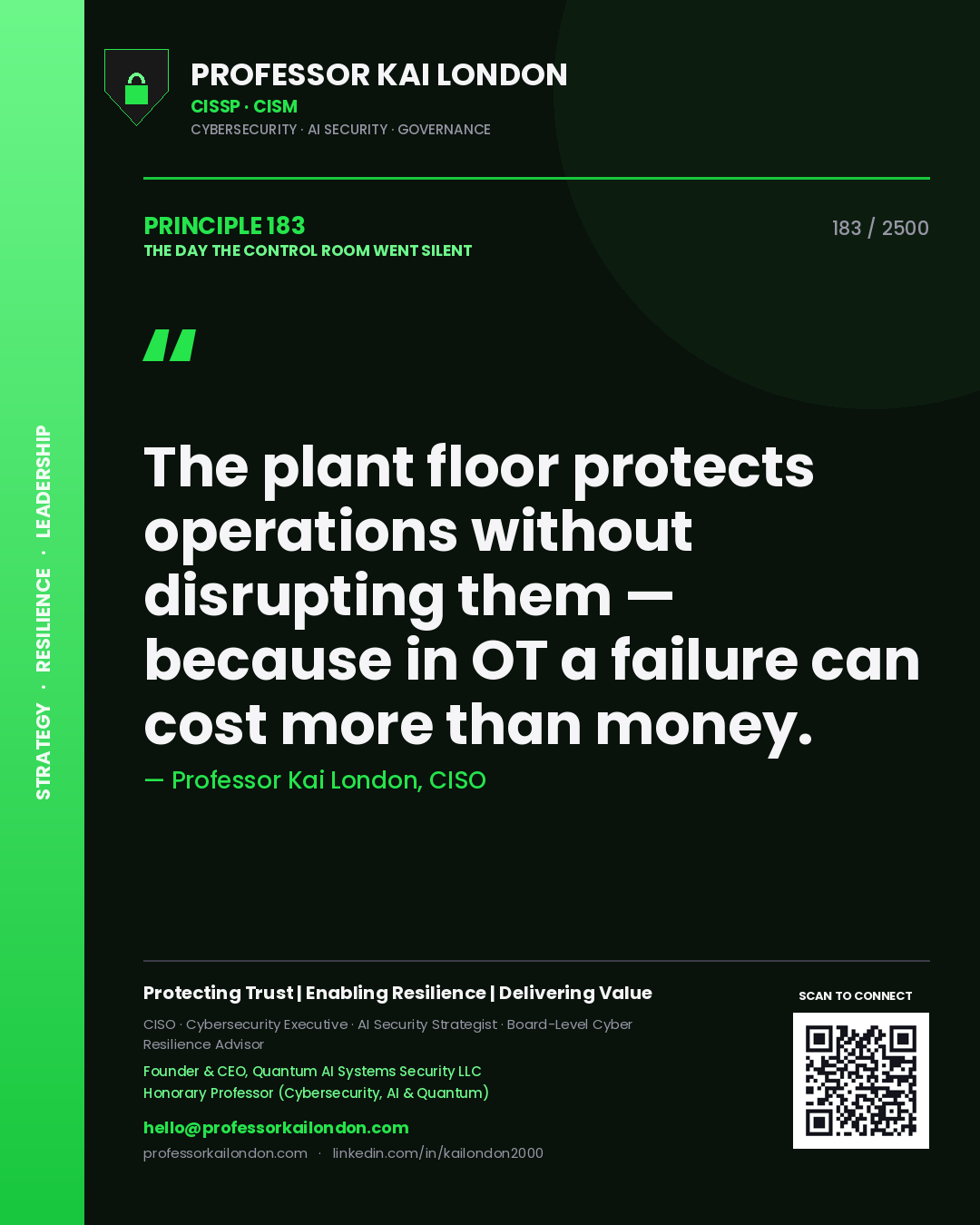Professor Kai London principle 183: The plant floor protects operations without disrupting them — because in OT a failure can cost more than money.
