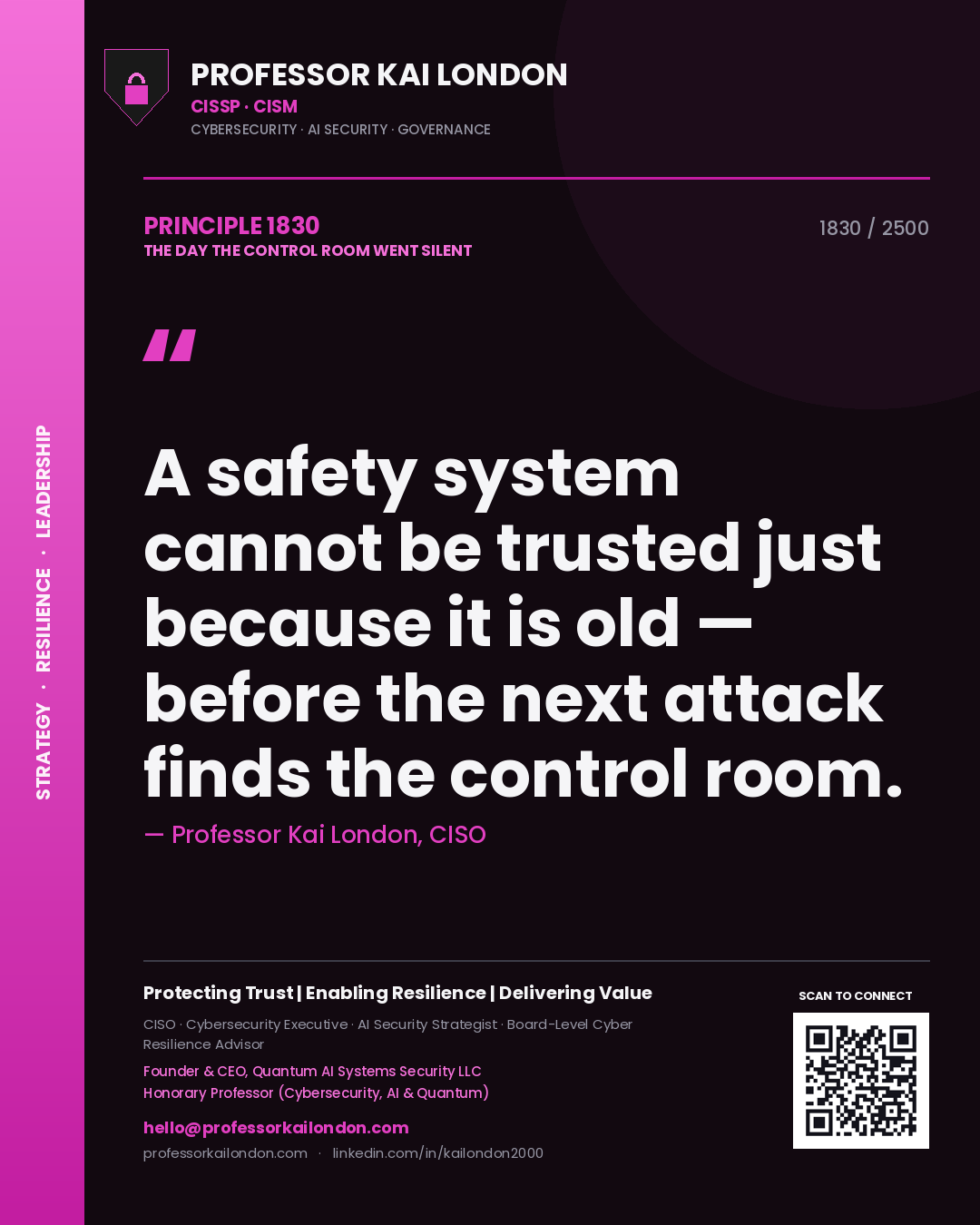 Quote card by Professor Kai London reading 'A safety system cannot be trusted just because it is old — before the next attack finds the control room.'. From the book The Day the Control Room Went Silent.