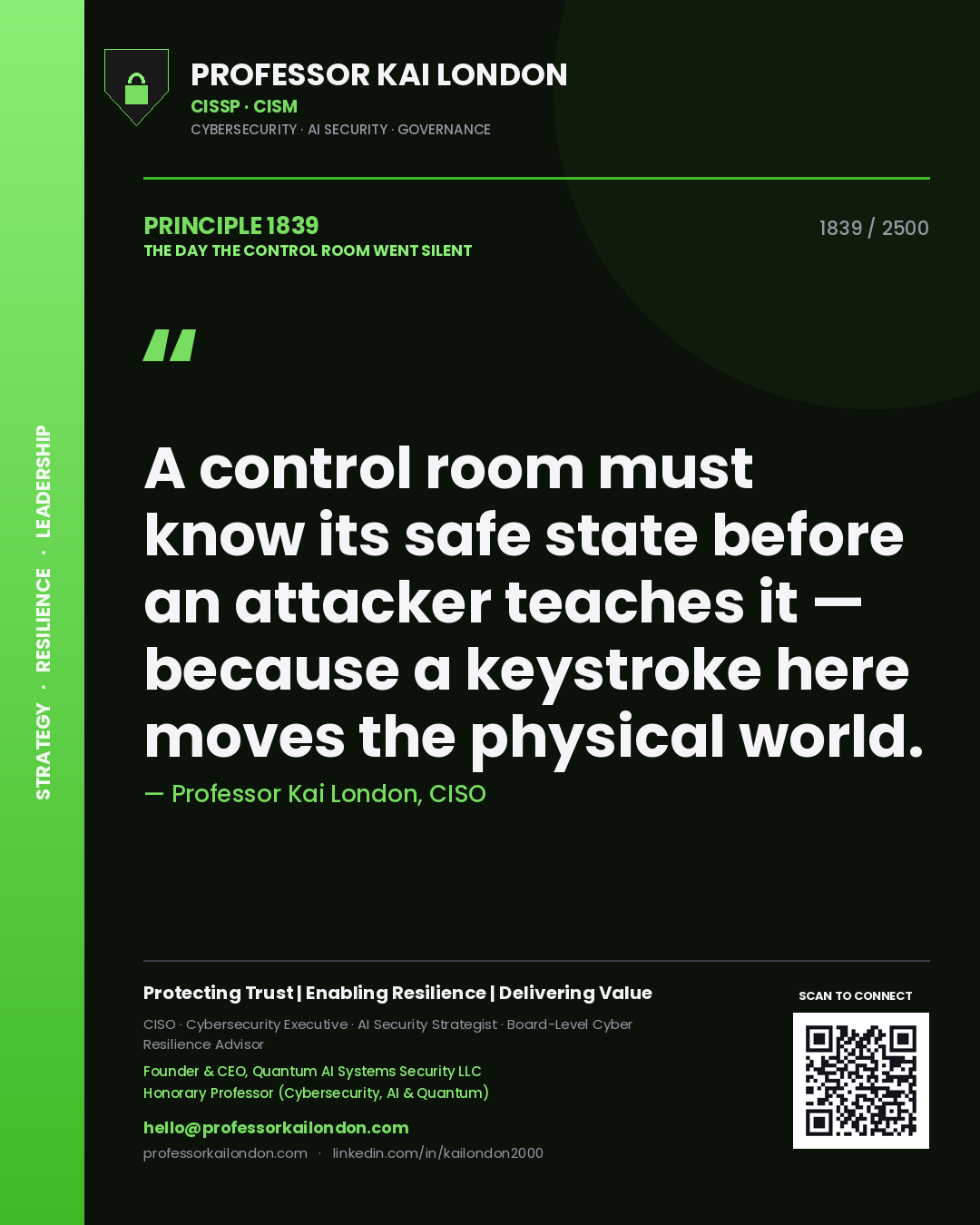 Quote card by Professor Kai London reading 'A control room must know its safe state before an attacker teaches it — because a keystroke here moves the physical world.'. From the book The Day the Control Room Went Silent.