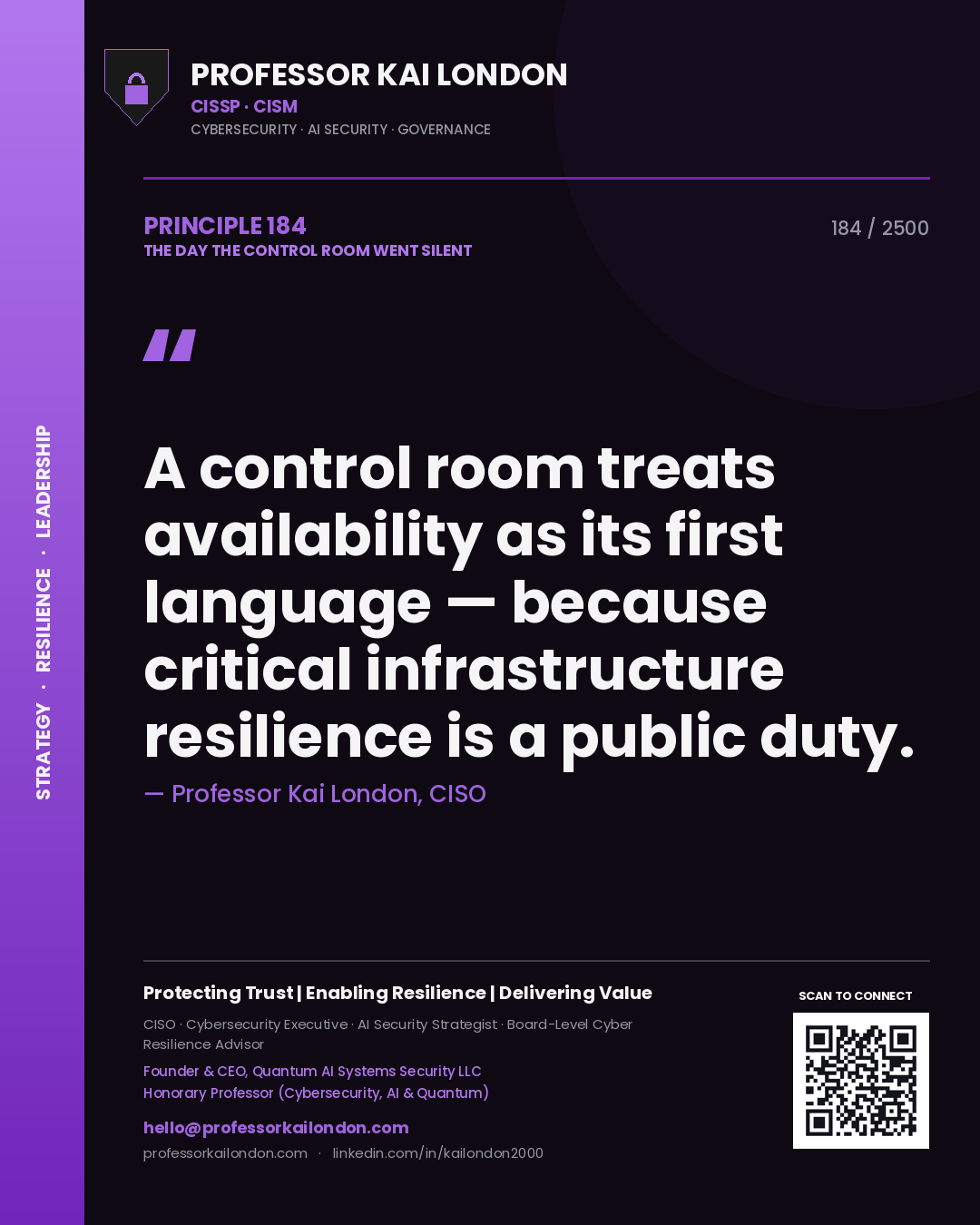Professor Kai London principle 184: A control room treats availability as its first language — because critical infrastructure resilience is a public duty.