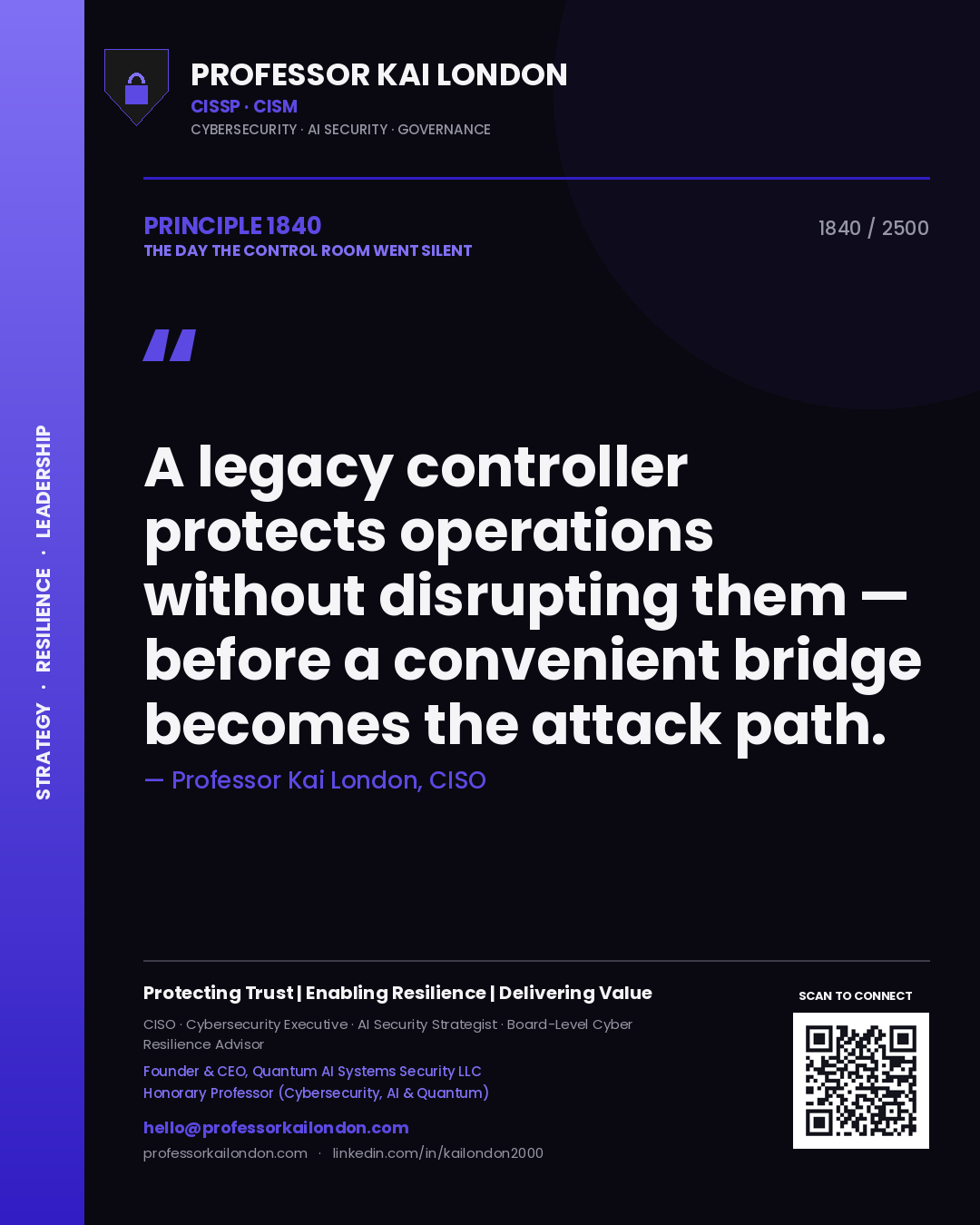 Quote card by Professor Kai London reading 'A legacy controller protects operations without disrupting them — before a convenient bridge becomes the attack path.'. From the book The Day the Control Room Went Silent.