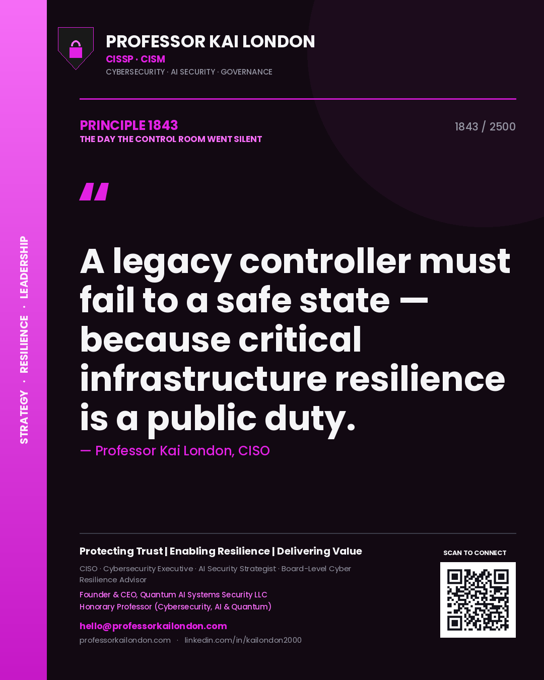 Quote card by Professor Kai London reading 'A legacy controller must fail to a safe state — because critical infrastructure resilience is a public duty.'. From the book The Day the Control Room Went Silent.