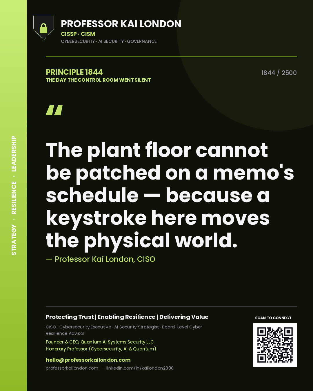Quote card by Professor Kai London reading 'The plant floor cannot be patched on a memo's schedule — because a keystroke here moves the physical world.'. From the book The Day the Control Room Went Silent.