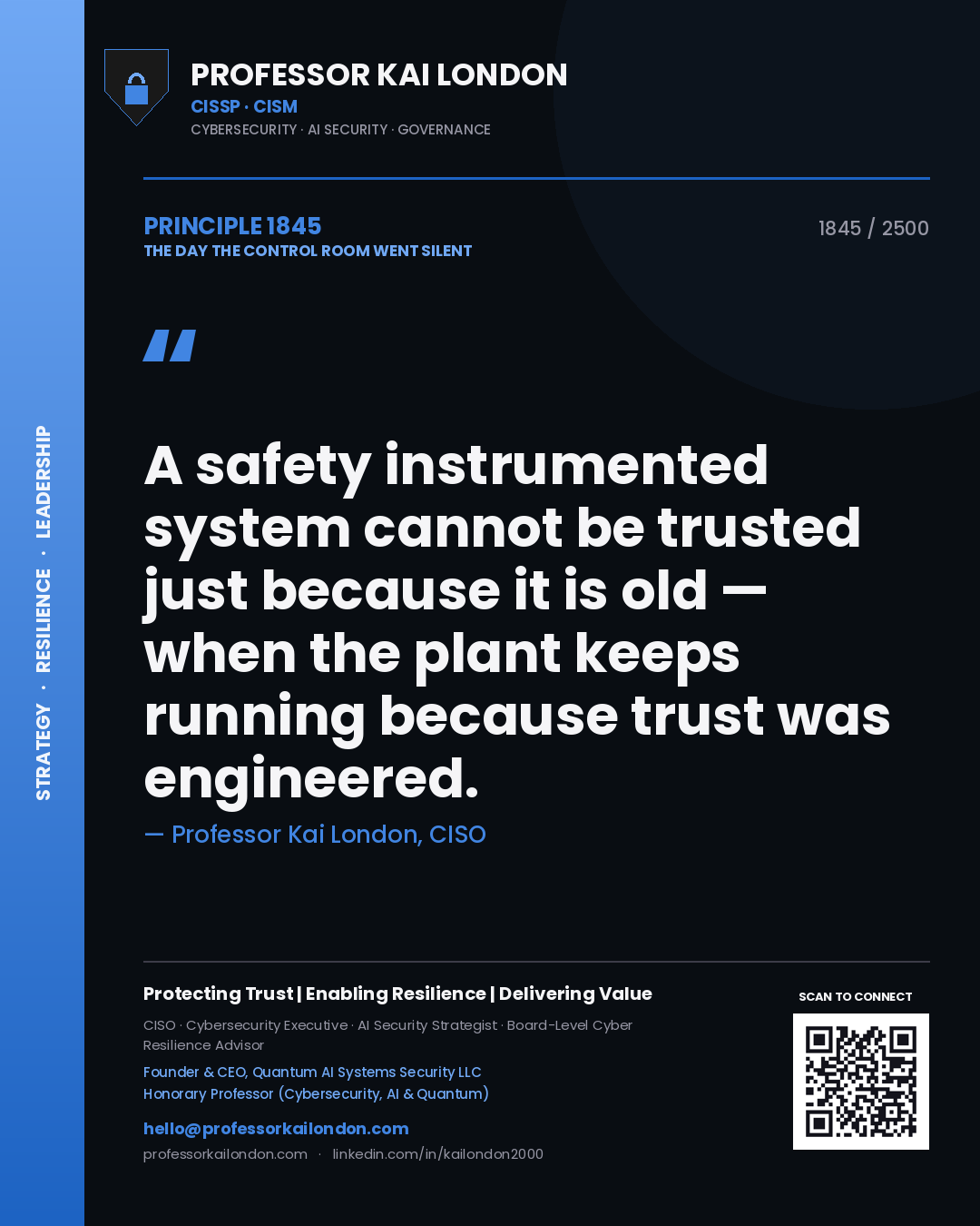 Quote card by Professor Kai London reading 'A safety instrumented system cannot be trusted just because it is old — when the plant keeps running because trust was engineered.'. From the book The Day the Control Room Went Silent.