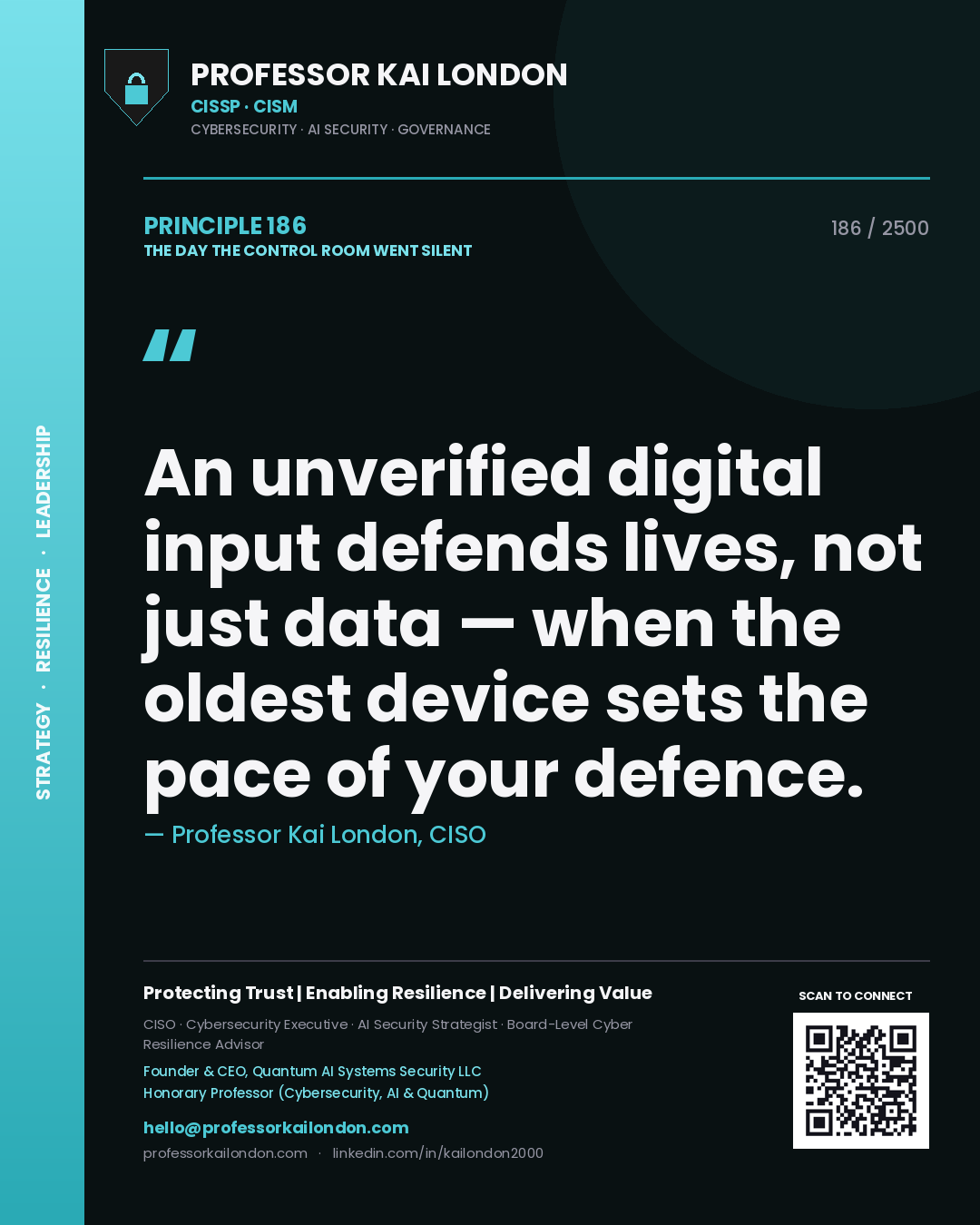 Professor Kai London principle 186: An unverified digital input defends lives, not just data — when the oldest device sets the pace of your defence.