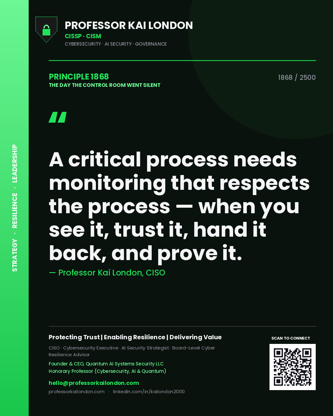 Quote card by Professor Kai London reading 'A critical process needs monitoring that respects the process — when you see it, trust it, hand it back, and prove it.'. From the book The Day the Control Room Went Silent.