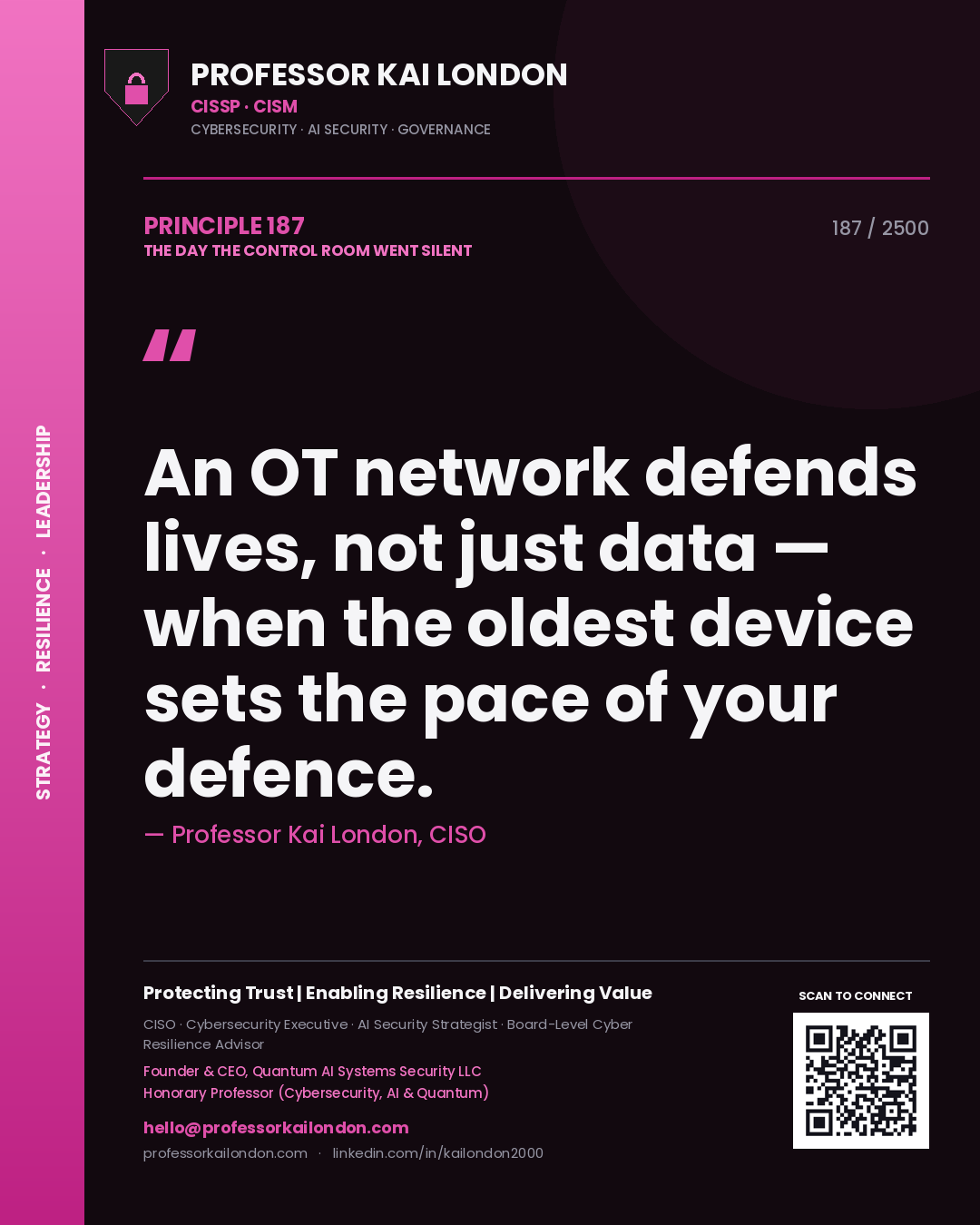 Quote card by Professor Kai London reading 'An OT network defends lives, not just data — when the oldest device sets the pace of your defence.'. From the book The Day the Control Room Went Silent.