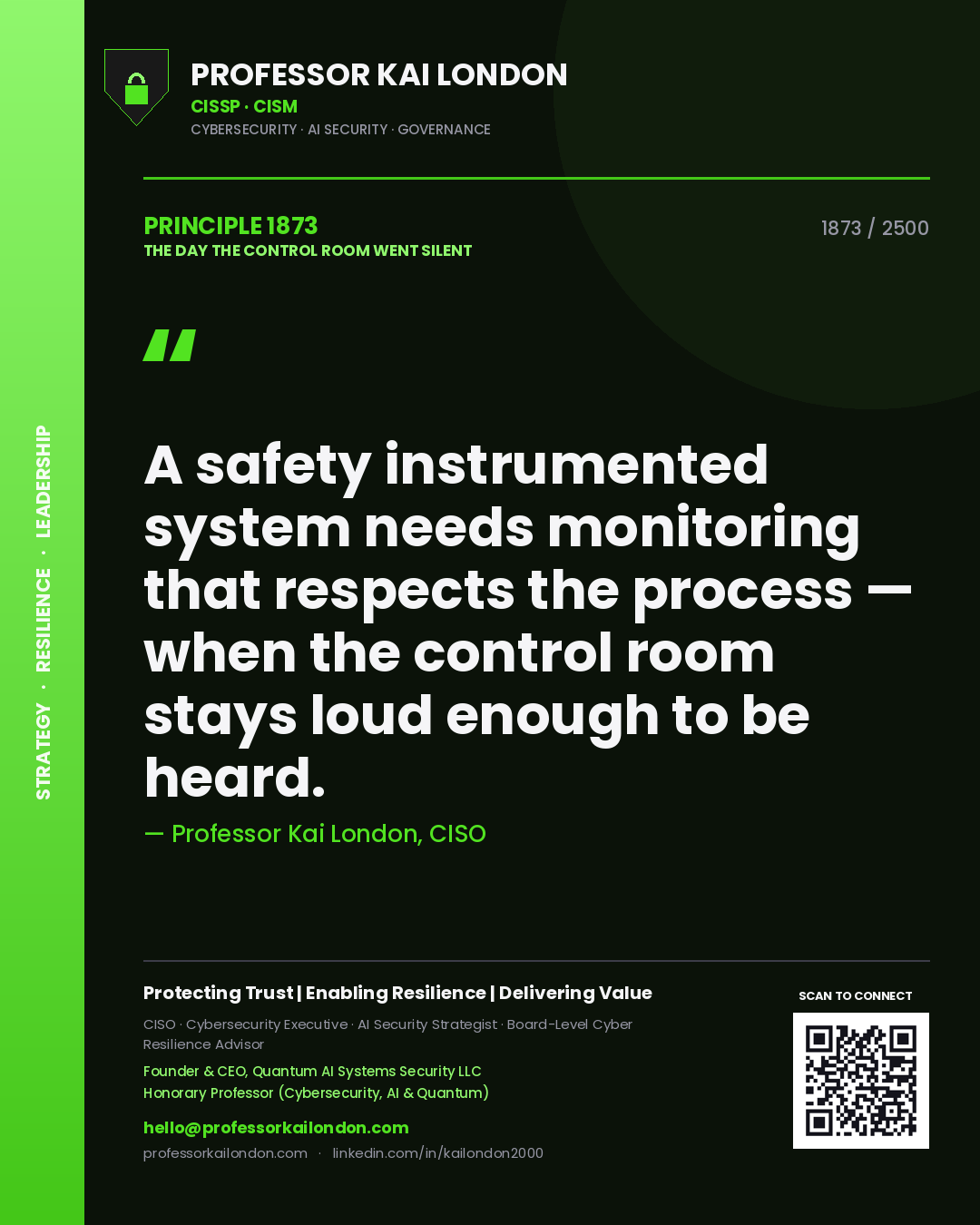 Quote card by Professor Kai London reading 'A safety instrumented system needs monitoring that respects the process — when the control room stays loud enough to be heard.'. From the book The Day the Control Room Went Silent.