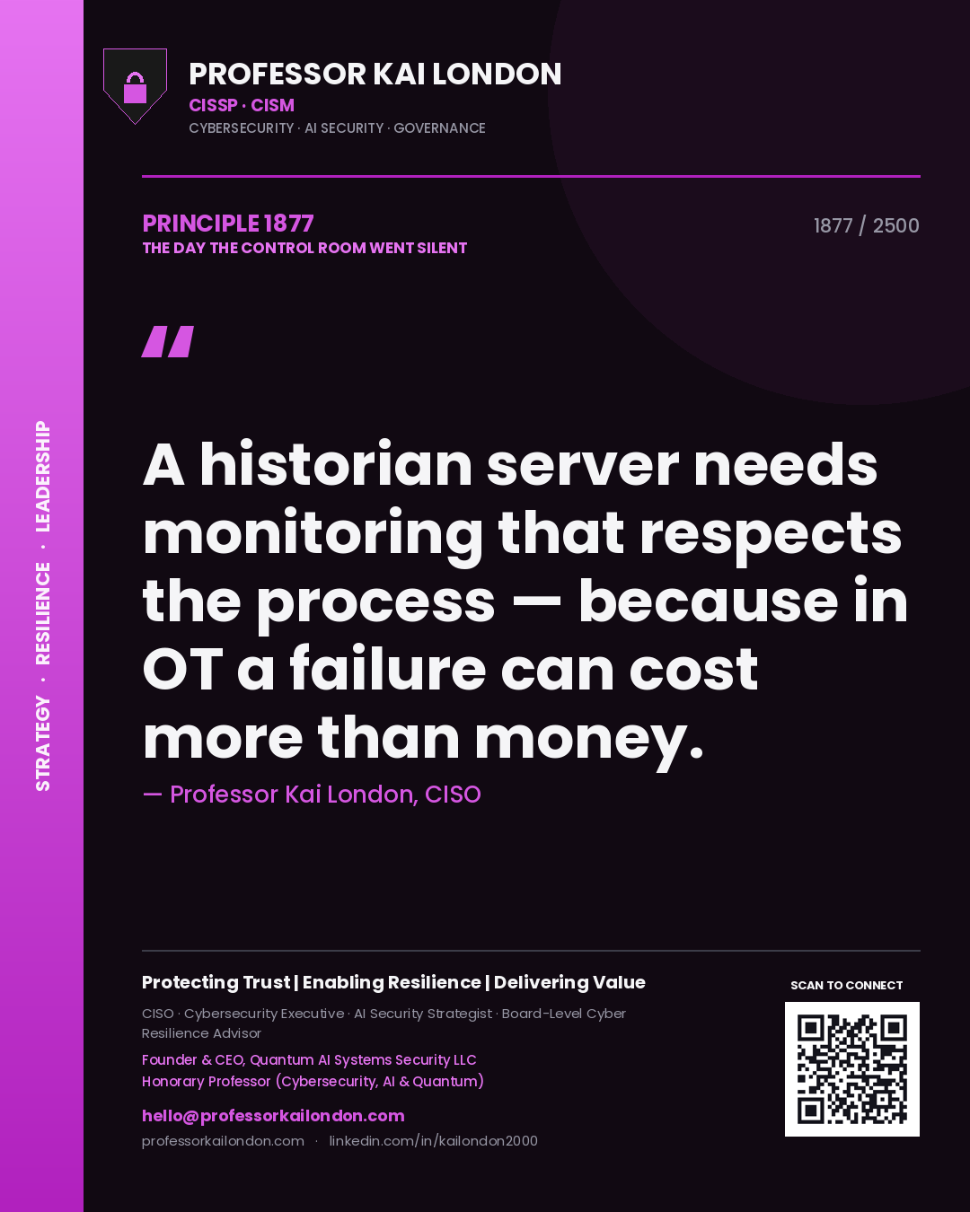 Quote card by Professor Kai London reading 'A historian server needs monitoring that respects the process — because in OT a failure can cost more than money.'. From the book The Day the Control Room Went Silent.