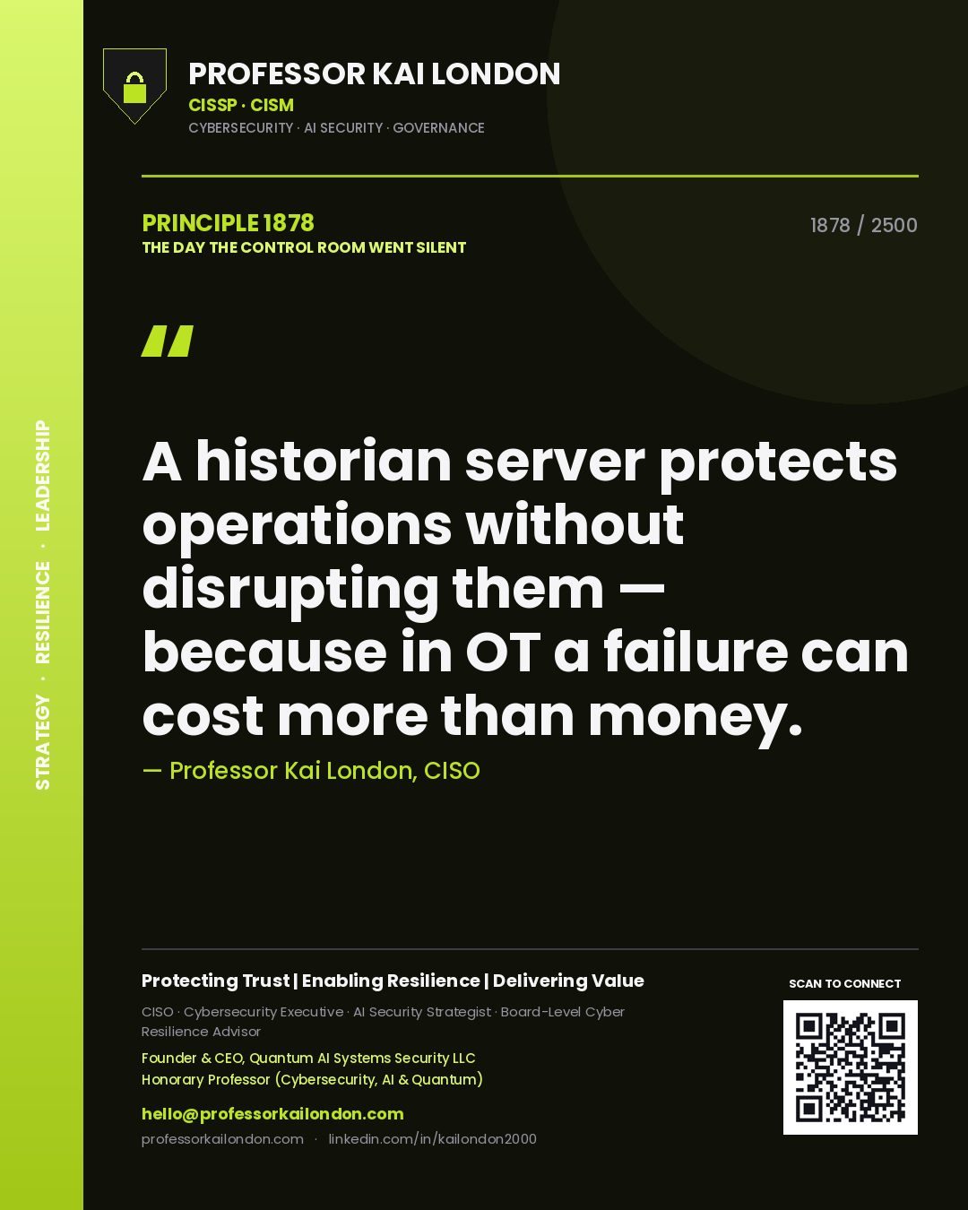 Quote card by Professor Kai London reading 'A historian server protects operations without disrupting them — because in OT a failure can cost more than money.'. From the book The Day the Control Room Went Silent.