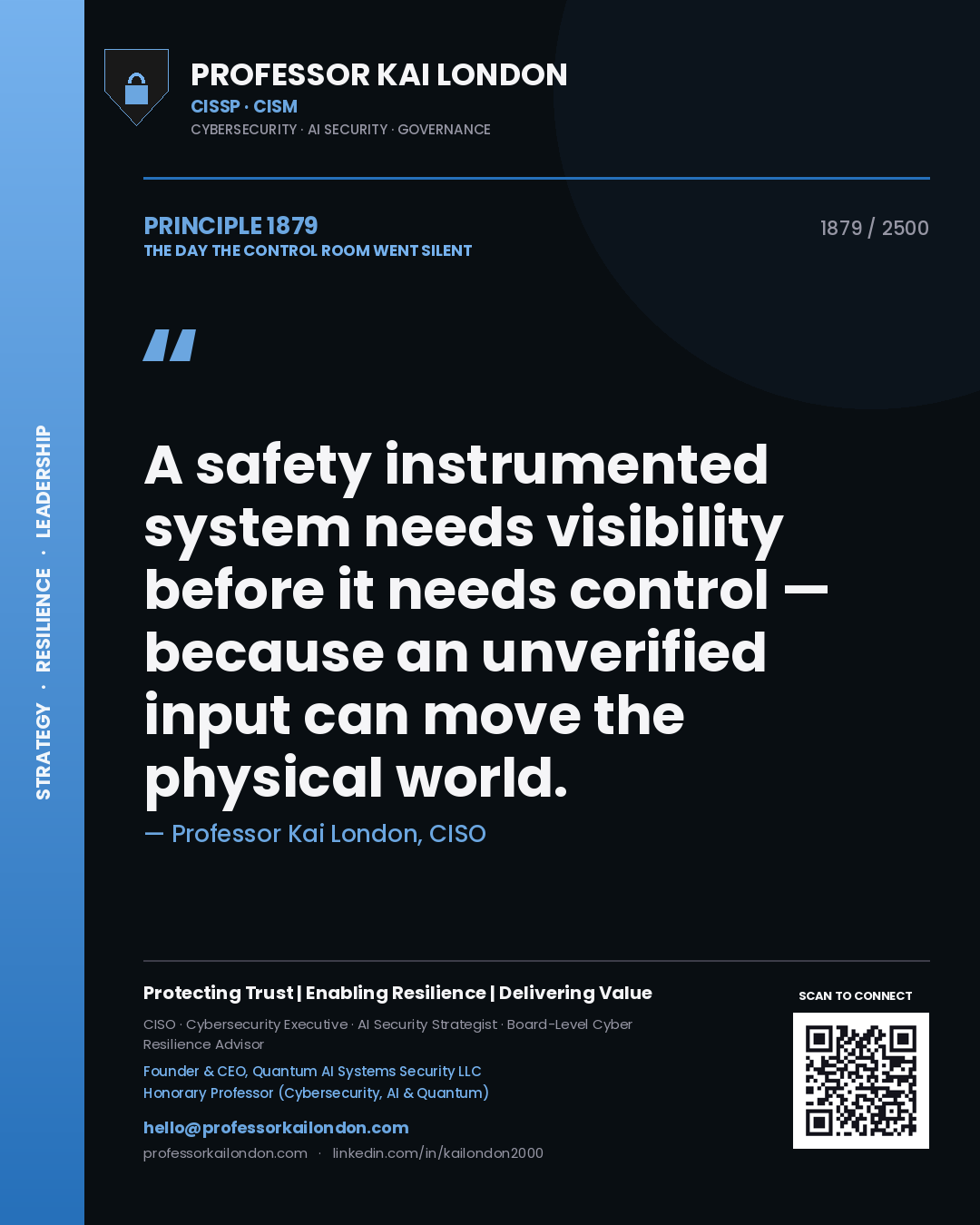 Quote card by Professor Kai London reading 'A safety instrumented system needs visibility before it needs control — because an unverified input can move the physical world.'. From the book The Day the Control Room Went Silent.