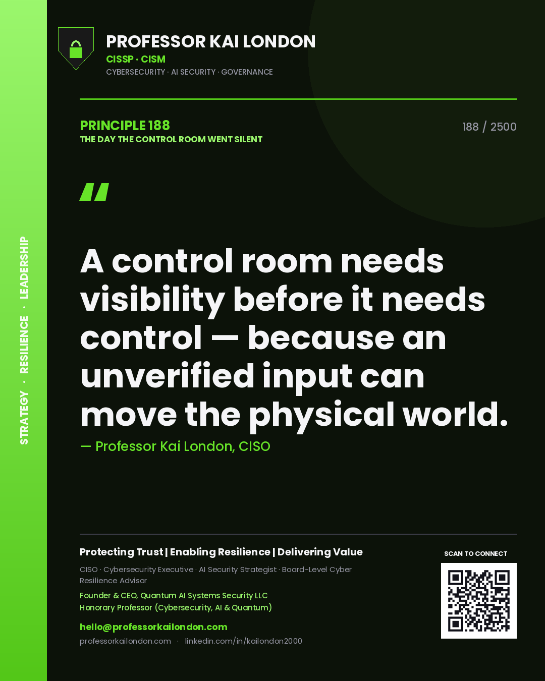 Quote card by Professor Kai London reading 'A control room needs visibility before it needs control — because an unverified input can move the physical world.'. From the book The Day the Control Room Went Silent.
