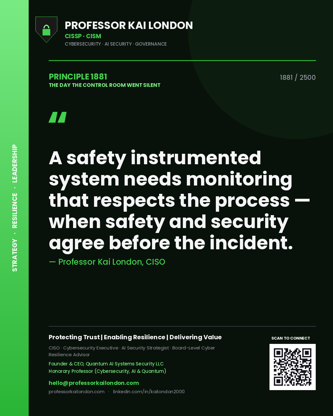 Quote card by Professor Kai London reading 'A safety instrumented system needs monitoring that respects the process — when safety and security agree before the incident.'. From the book The Day the Control Room Went Silent.