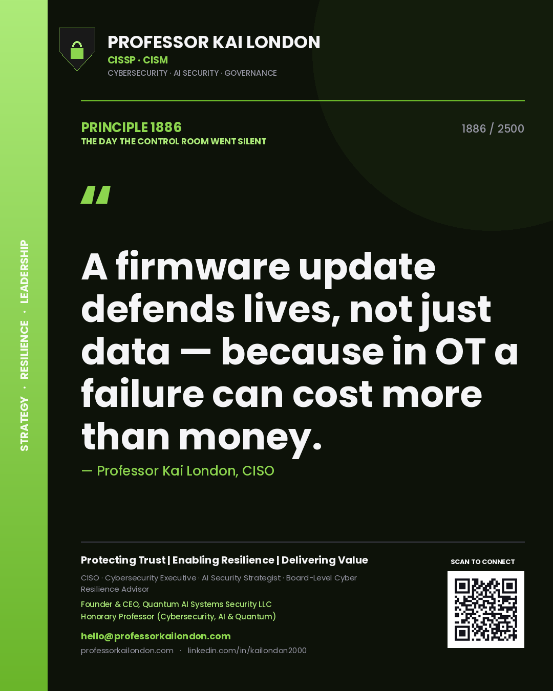 Quote card by Professor Kai London reading 'A firmware update defends lives, not just data — because in OT a failure can cost more than money.'. From the book The Day the Control Room Went Silent.