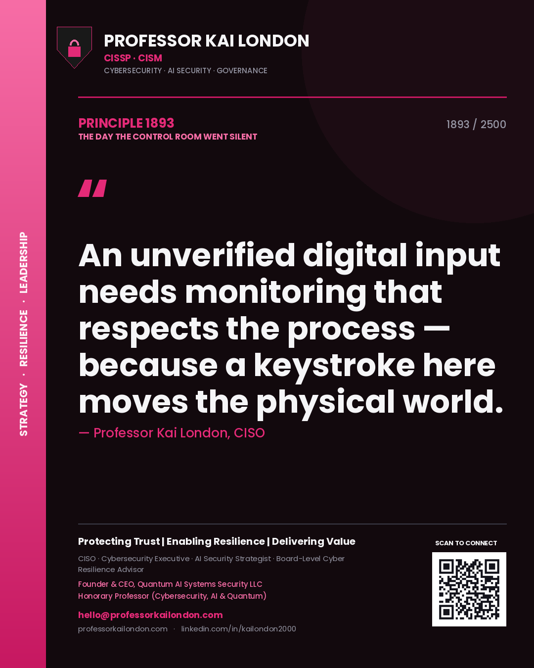 Quote card by Professor Kai London reading 'An unverified digital input needs monitoring that respects the process — because a keystroke here moves the physical world.'. From the book The Day the Control Room Went Silent.