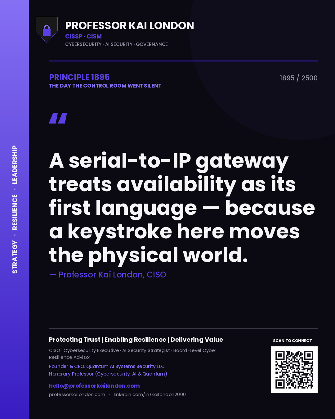 Quote card by Professor Kai London reading 'A serial-to-IP gateway treats availability as its first language — because a keystroke here moves the physical world.'. From the book The Day the Control Room Went Silent.
