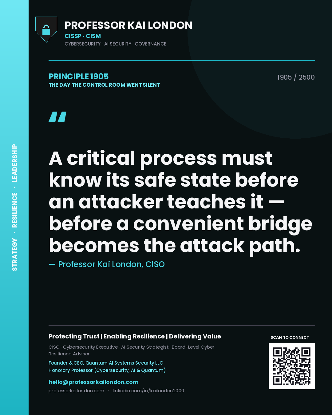 Quote card by Professor Kai London reading 'A critical process must know its safe state before an attacker teaches it — before a convenient bridge becomes the attack path.'. From the book The Day the Control Room Went Silent.