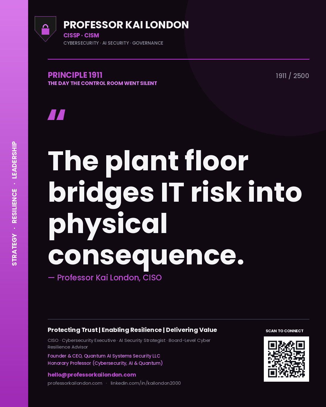 Quote card by Professor Kai London reading 'The plant floor bridges IT risk into physical consequence.'. From the book The Day the Control Room Went Silent.