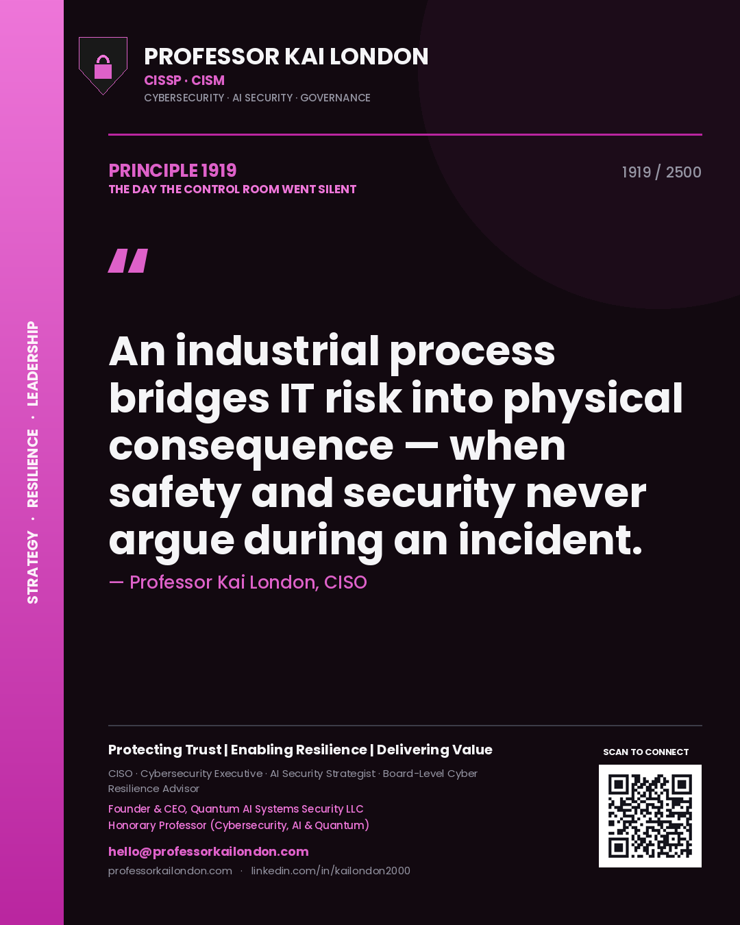 Quote card by Professor Kai London reading 'An industrial process bridges IT risk into physical consequence — when safety and security never argue during an incident.'. From the book The Day the Control Room Went Silent.
