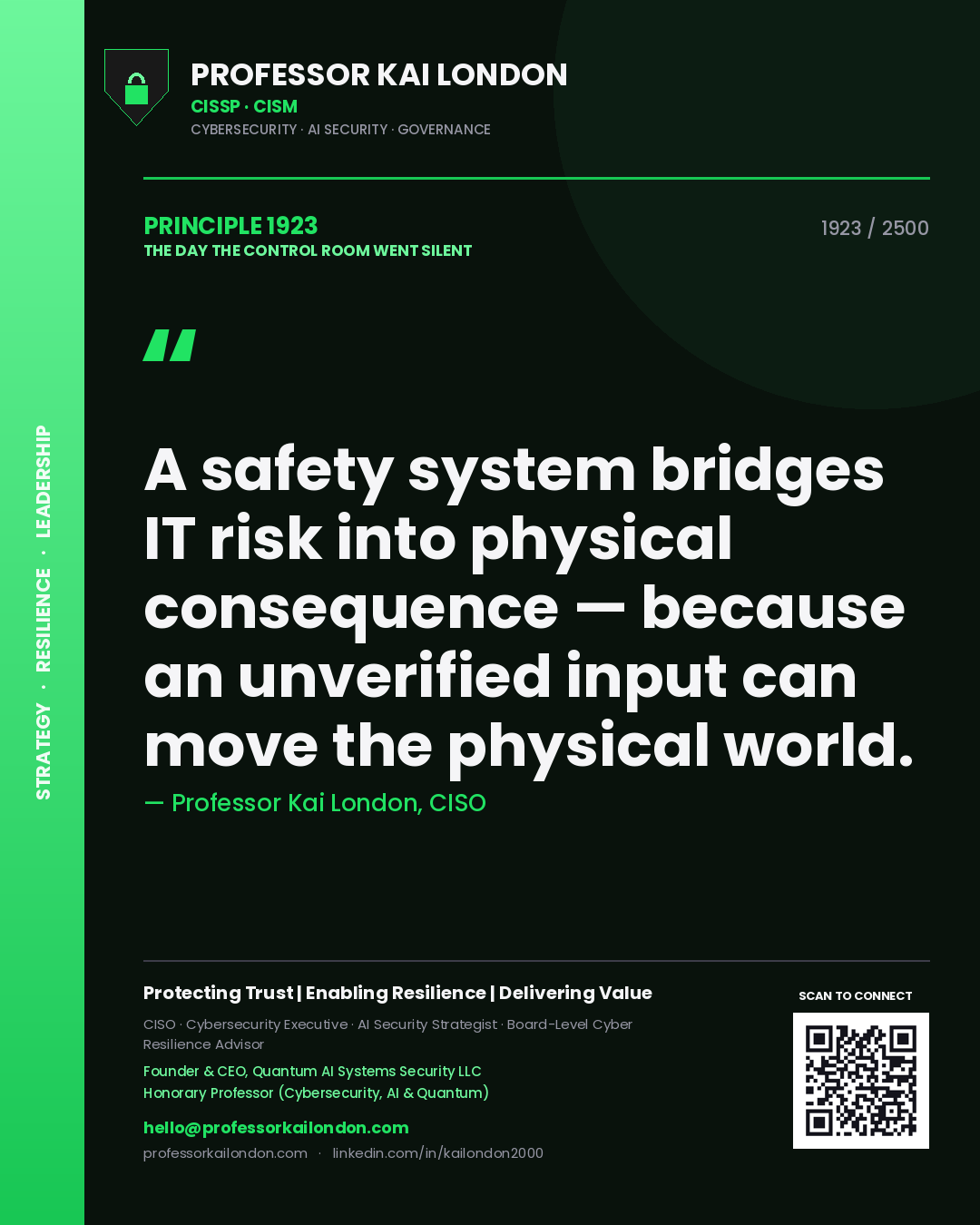 Quote card by Professor Kai London reading 'A safety system bridges IT risk into physical consequence — because an unverified input can move the physical world.'. From the book The Day the Control Room Went Silent.