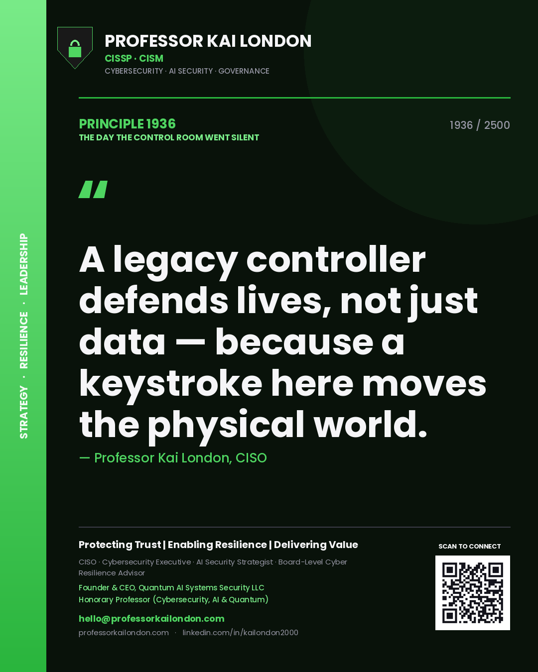 Quote card by Professor Kai London reading 'A legacy controller defends lives, not just data — because a keystroke here moves the physical world.'. From the book The Day the Control Room Went Silent.